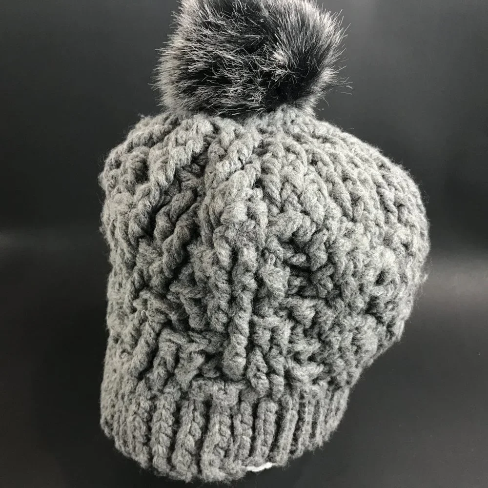Grey, Blend, handknit beanie with Pom